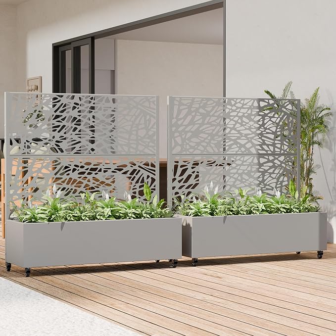 Casaphoria Metal Raised Garden Bed with Trellis and Wheels, 47"x47"x16" Planter Box for Climbing Plants, Vegetables & Vines, Features Drainage Holes and Privacy Screen, Grey-Net