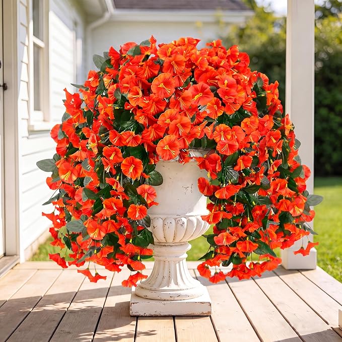 Sggvecsy Artificial Fake Hanging Flowers Plants for Outdoor Outside Spring Summer Decoration 2PCS Faux Silk UV Resistant Realistic Morning Glory Trailing Vines for Home Porch Patio Balcony(Orange)