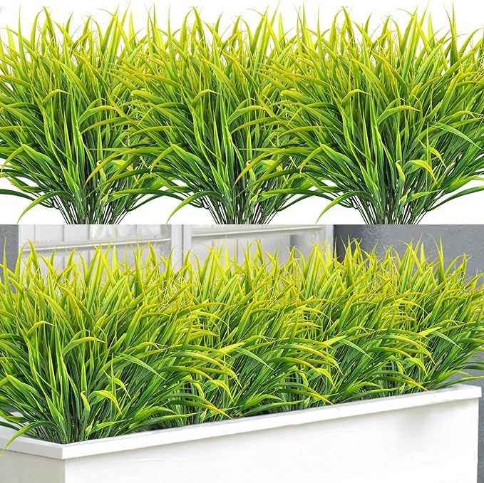 Ouddy Decor 16 Bundles Artificial Plants Outdoor Fake Grass Greenery Stems UV Resistant Faux Plastic Plants Shrubs for Spring Summer Garden Pathway Window Box Farmhouse Front Porch Home Decor, Yellow