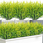 Ouddy Decor 16 Bundles Artificial Plants Outdoor Fake Grass Greenery Stems UV Resistant Faux Plastic Plants Shrubs for Spring Summer Garden Pathway Window Box Farmhouse Front Porch Home Decor, Yellow