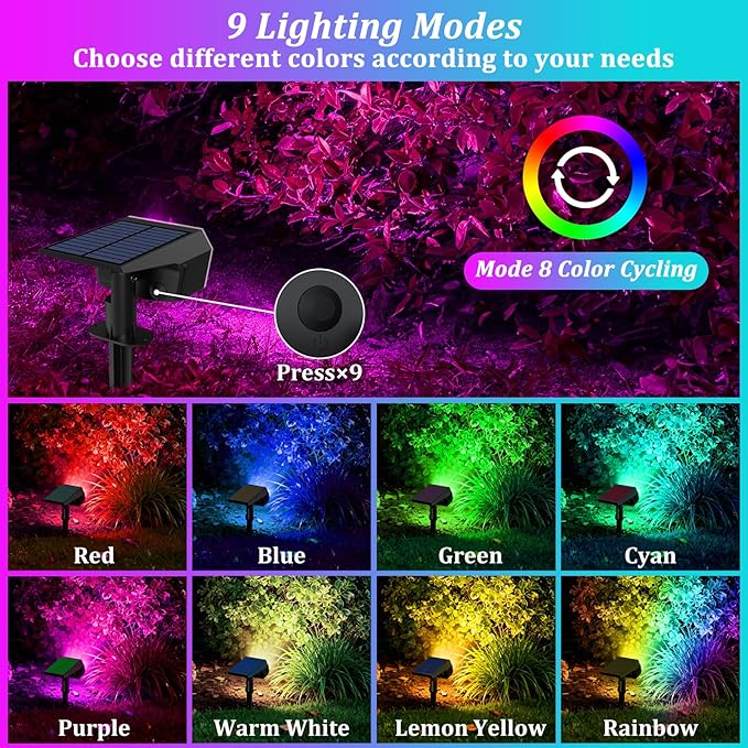 Sucolite 6-Pack Solar Spot Lights Outdoor Waterproof IP65, 9 Lighting Modes 2-in-1 Solar Landscape Spotlights for Yard, 59 LED Solar Powered Wall Lights for Garden Pathway Driveway Walkway, Multicolor