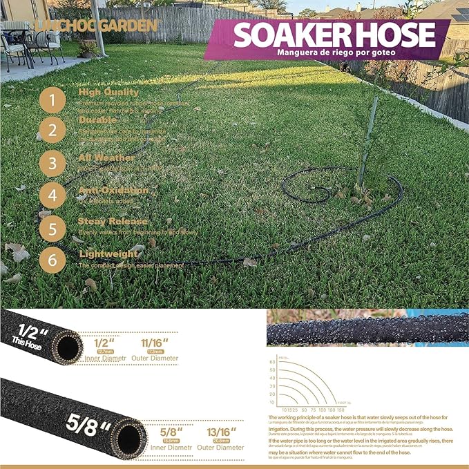 LICNCHOC GARDEN Soaker Hose 100ft,1/2 INCH Flexible Durable Garden Hose for Efficient Watering, Leak-Proof Design 100% Recycled Rubber,Ideal for Lawns,Gardens & Flower Beds
