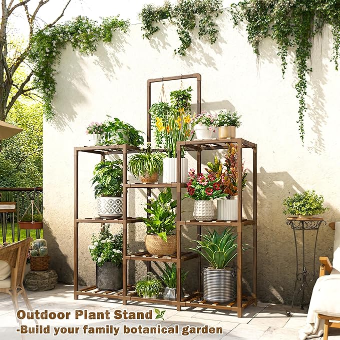EnHomee Plant Stand Indoor Tall Plant Stand Outdoor Large Wood Plants Shelf with 10-12 Pots for Patio, Living Room, Garden, Balcony, 34.5" Wx47.3 Hx11.78 D