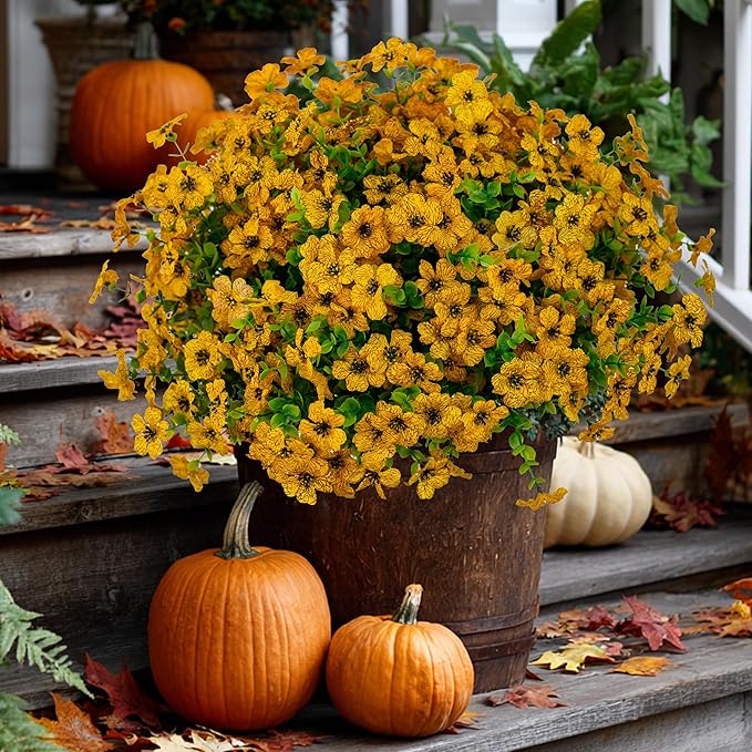 AXYLEX Artificial Fall Flowers for Outdoors Fake Mums - 16 Bundles Faux Plants Outside Greenery Boxwood No Fade Plastic Shrubs Decor Farmhouse Home Garden Thanksgiving (Yellow)