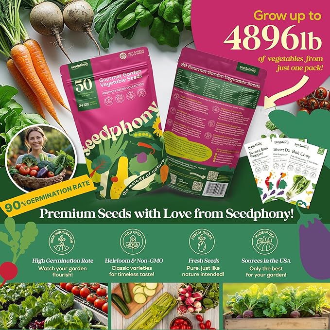 Seedphony 50 Gourmet Garden Vegetable Seeds Variety Pack - 34,455+ Non-GMO Heirloom Vegetables Seeds for Planting Indoor Outdoor: Broccoli, Carrot, Onion, Lettuce, Pepper - Gardening Seed Packets
