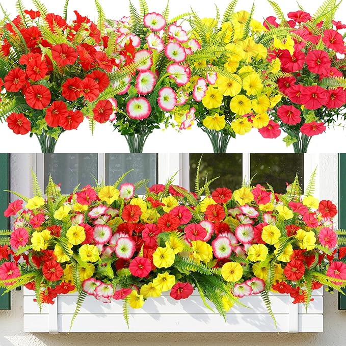 Artificial Flowers for Outdoors 12 Bundles Artificial Petunias Fake Flowers UV Resistant Shrubs Plants with Fern for Indoor Outside Hanging Planters Home Garden Spring Summer Decorations