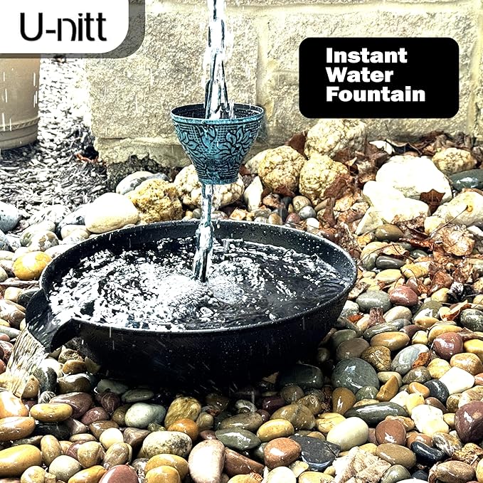 U-nitt 12" Spill Bowl Downspout Catch Basin for Rain Chain Anchoring & Stake | Rainwater Collection for Roof |Gutter Catch Basin | Good for Water Fountain & Birdbath | Black | Handles Heavy Rain