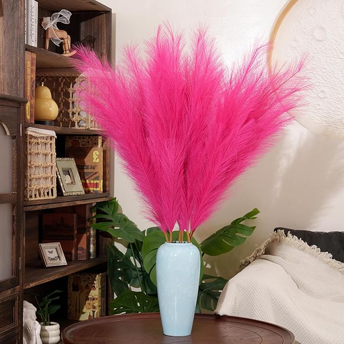 Premium Faux Hot Pink Pampas Grass – Fuchsia 43.3″ 8pcs Tall Fluffy Decor, No Assembly 18-Branch One-Piece Stems for Floor Vase Decor, Luxury Silk-Feel Feather Flowers (8 pcs/110cm)