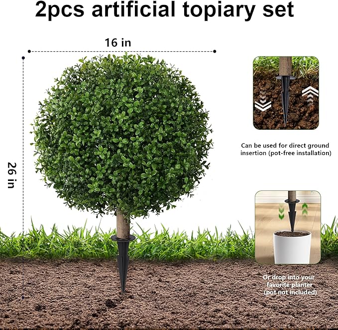 Artificial Eucalyptus Topiary Ball Trees for Outdoor Set of 2 Fake Plant Bushes with Ground Spike UV Resistant Faux Shrubs for Garden Front Porch, Green
