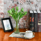 Mandy's Green Artificial Tulips Flowers Centerpiece, 13.5" Lifelike PU Fake Floral Stems 20pcs for Kitchen Island & Dining Table, Spring Decor for Easter