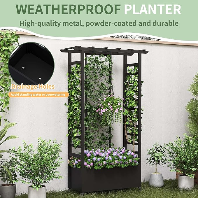 Raised Garden Bed with Trellis & Hanging Roof, Weatherproof Metal Planter Box with Wheels, Garden Arch Trellis for Outdoor Climbing Plants Vines Flowers, 74" H x 44" L x 17" W, Black