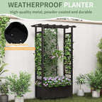 Raised Garden Bed with Trellis & Hanging Roof, Weatherproof Metal Planter Box with Wheels, Garden Arch Trellis for Outdoor Climbing Plants Vines Flowers, 74" H x 44" L x 17" W, Black