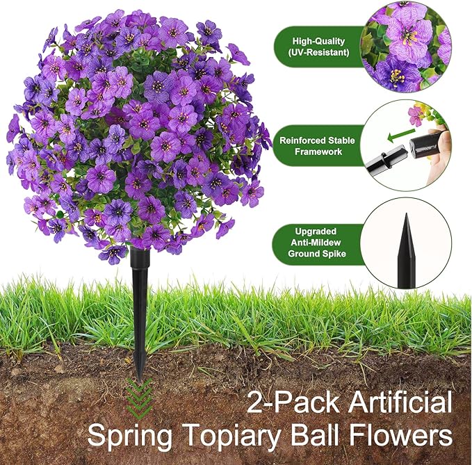 Alupssuc 2Pcs 20" Artificial Topiary Ball Flowers for Outdoors, Spring Decoration with Spike, UV Resistant Faux Summer Plants, Fake Bushes Indoor Decor, Purple Deep Purple for Garden, Porch & Patio