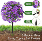 Alupssuc 2Pcs 20" Artificial Topiary Ball Flowers for Outdoors, Spring Decoration with Spike, UV Resistant Faux Summer Plants, Fake Bushes Indoor Decor, Purple Deep Purple for Garden, Porch & Patio