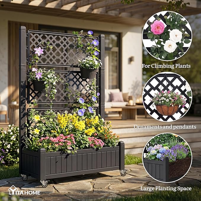 YITAHOME 42.5x14.2x61 in Planter Box with Trellis/Outdoor Privacy Screen, All-Weather Raised Garden Bed with Wheels & Drain Plug for Climbing Plants Flowers Herbs, Black