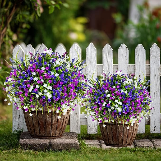 Artificial Flowers for Outdoors Fake Plants - 12 Bundles Faux Outside Greenery Boxwood No Fade Plastic Shrubs Home Decor Farmhouse Garden (Mixed, 3 Colors Magenta Purple White)
