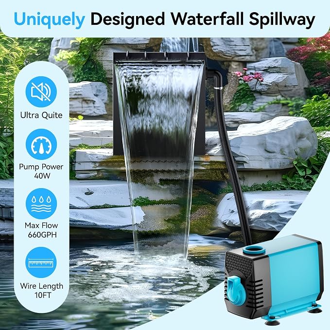 POPOSOAP Pond Waterfall Spillway with Pump Kit, 13.4" H x 12" W Stainless Steel Pond Waterfall Box with Pond Pump, Filtration, 10FT Corrugated Tubing for Outdoor Garden Pond Spillway & Pool