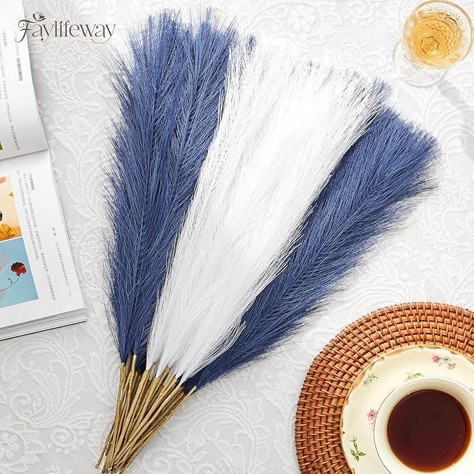 50PCS Pampas Grass Decor, 17" Pampas Grass, Fluffy Small Pampas Grass for Vase Filler Home Wedding Wall Table Party Decoration（Blue&White）