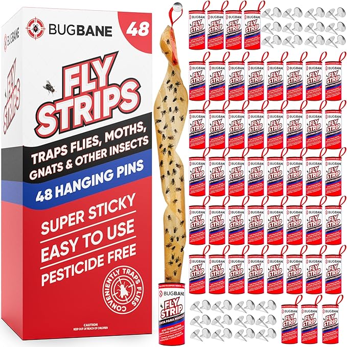 Fly Strips Indoor Sticky Hanging 48pk with Pins. Non Toxic Outdoor Fly Trap Indoor for Home. Flies Tape Paper Trap Ribbon Roll for House Gnat Fruit and Housefly. Bug Catchers for Inside Home Flypaper.