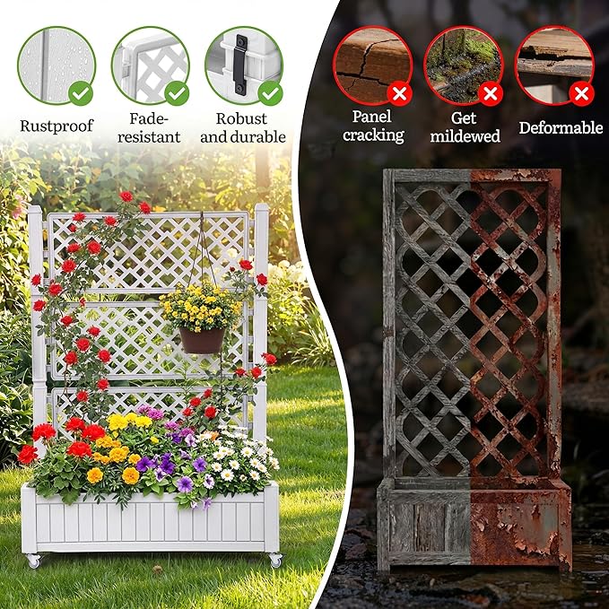 YITAHOME 42.5x14.2x61 in Planter Box with Trellis/Outdoor Privacy Screen, All-Weather Raised Garden Bed with Wheels & Drain Plug for Climbing Plants Flowers Herbs, White