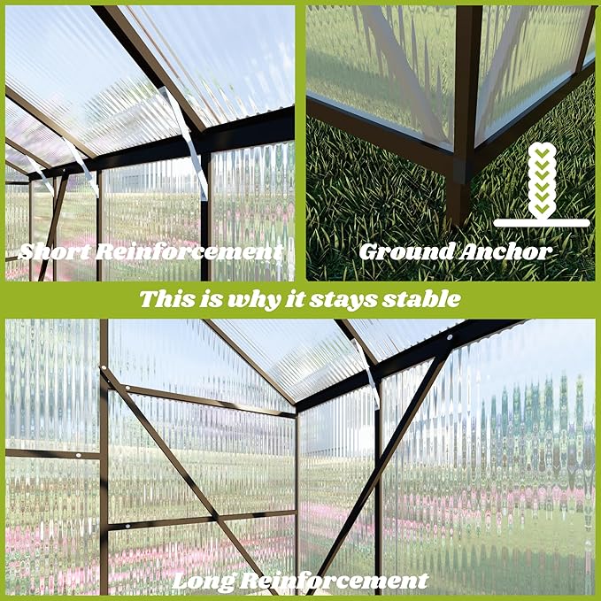 8x8 FT Greenhouse for Outdoors, Polycarbonate Greenhouse with Quick Setup Structure and Roof Vent, Aluminum Large Walk-in Green House for Outside Garden Backyard, Dark Gray