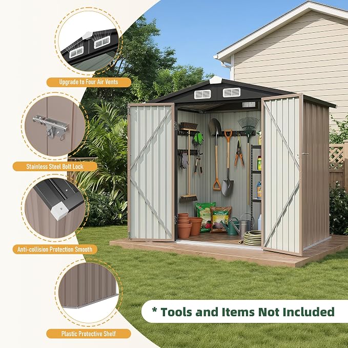 Aoxun 6' x 4' Outdoor Shed with 2 Pack Motion Sensor Light Garden Metal Storage Shed with 4 Vents, Lockable Doors for Patio, Lawn & Garden, Brown