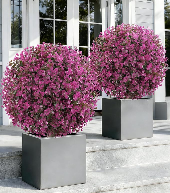 Artificial Eucalyptus Topiary Ball Trees for Outdoor Set of 2 Fake Plant Bushes with Ground Spike UV Resistant Faux Shrubs for Garden Front Porch, Pink