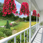 Sggvecsy Artificial Fake Hanging Flowers Plants for Outdoor Outside Spring Summer Decoration 4PCS Faux Silk UV Resistant Realistic Morning Glory Trailing Vines for Home Porch Patio Balcony(Rose red)
