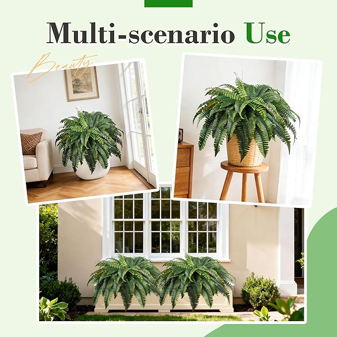 Der Rose 2 Pack 49" Fake Ferns Large Artificial Ferns for Outdoors UV Resistant Faux Boston Fern Plants with 96 Fronds for Garden Porch Home Office