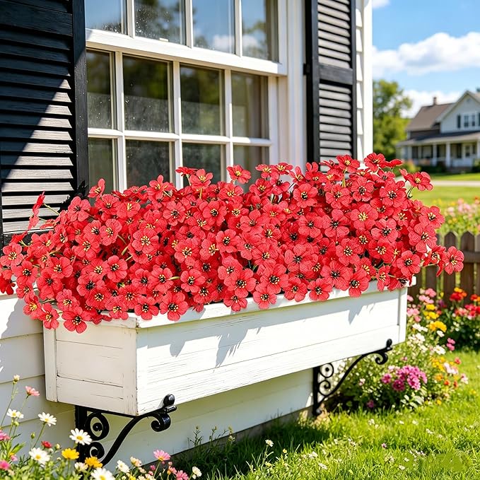 AmyHomie 20 Bundles Artificial Flowers for Outdoor UV Resistant Faux Flowers No Fade Fake Plastic Plants Garden Porch Window Box Decorating(Red)