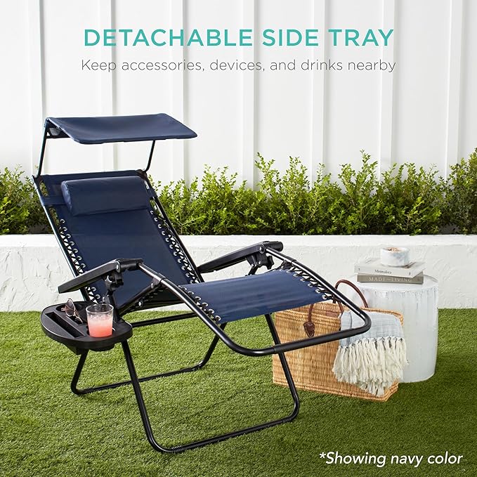 Best Choice Products Folding Zero Gravity Outdoor Recliner Patio Lounge Chair w/Adjustable Canopy Shade, Headrest, Side Accessory Tray, Textilene Mesh - Bubblegum Pink