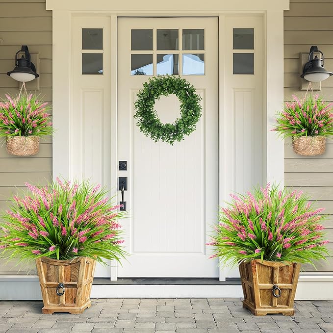 Sggvecsy 24 Bundles Artificial Plants Outdoor Faux Lavender Flowers Fake Monkey Grass UV Resistant Plastic Greenery Plants for Garden Home Porch Window Patio Hanging Planter Indoor Decor(Pink)