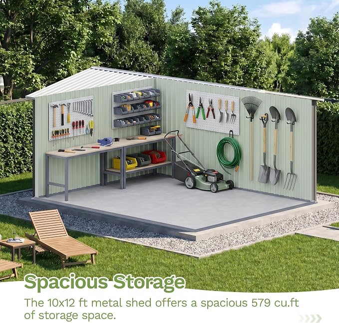 Patiowell 10 x 12 FT Outdoor Metal Storage Shed, Heavy-Duty Shed Storage with Lockable Doors and Steel Frame, Utility Tool Outside Large Storage Shed for Garden, Patio, Backyard, Gray