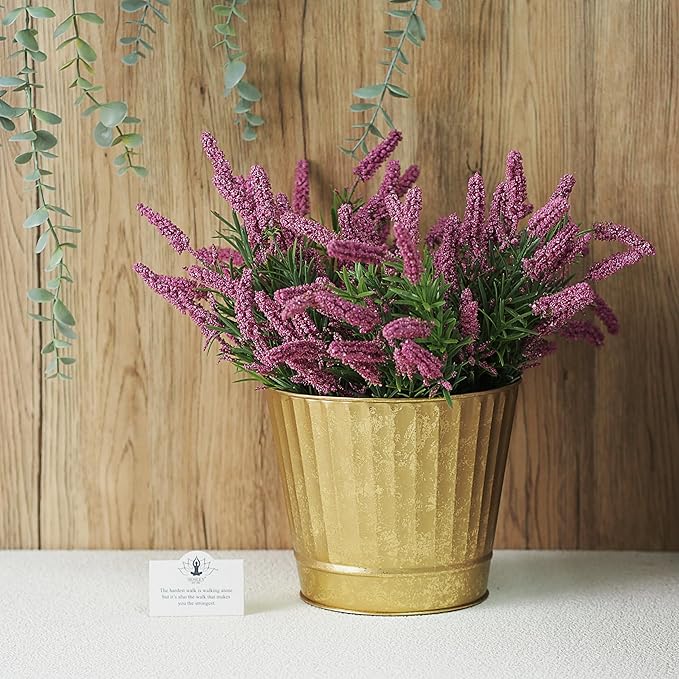 Hosley Metal Planters Pack of 2, Ideal Farmhouse Decor for Floral Arrangements Weddings, Gift Special Events Parties Outdoor Planters Gold 7" Dia x 6" H