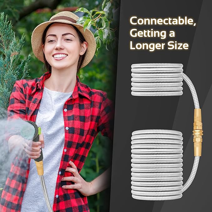 Garden Hose - Flexible Short Water Hose with Metal Fitting, 10 ft Leader Hose, Heavy Duty Hoses Extension for Rv, Outdoor, Small Garden, Yard, 304 Stainless Steel
