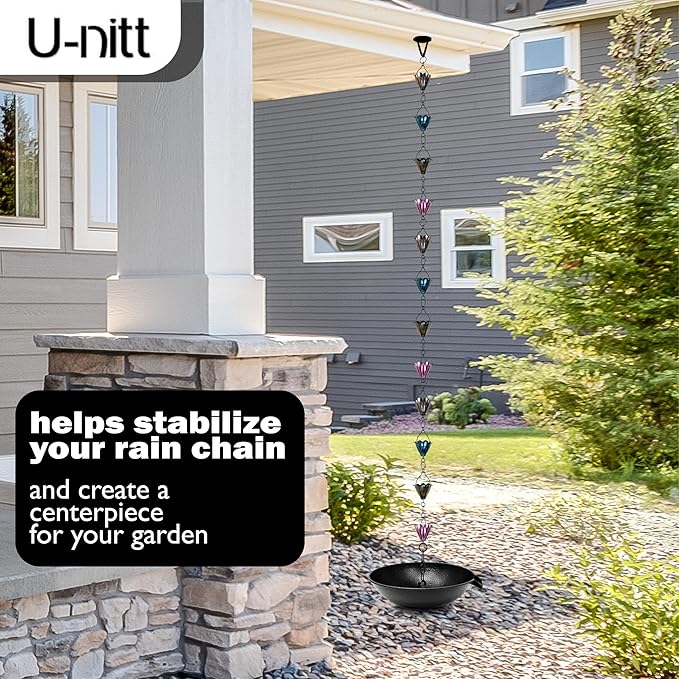 U-nitt 10" Spill Bowl Downspout Catch Basin for Rain Chain Anchoring & Stake | Rainwater Collection for Roof | Gutter Catch Basin | Good for Water Fountain & Birdbath | Black | Handles Heavy Rain