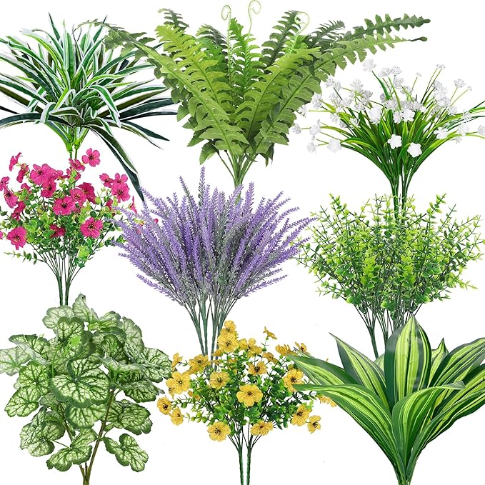 Roberly 20 Pcs Artificial Plants Outdoor, Fake Plants UV Resistant Greenery Stems Plastic Leaves Faux Flowers Bushes for Spring Summer Table Patio Front Porch Garden Indoor Outdoor Home Decor