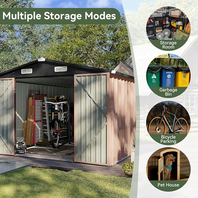 Aoxun 12x7.5 FT Shed Outdoor Storage Shed with Spacious Door Large Sheds with Double Lockable Door Galvanized Metal Shed for Garbage Can, Bike, Mower, Brown