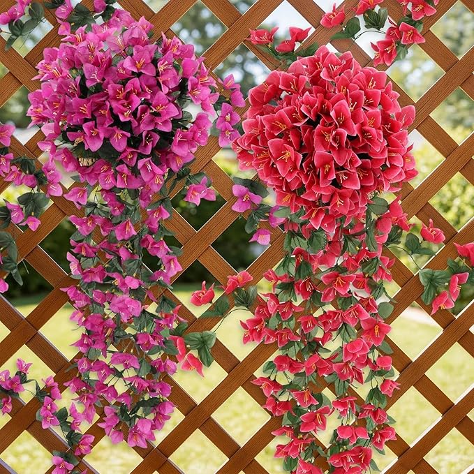 ATTGREAT Artificial Bougainvillea for Outdoors Faux Plants UV Resistant Flowers Fake Plastic Plants Realistic Silk Flowers for Porch Planter Garden Hanging Decoration, 2Pcs(Purple Red & Rose Red)