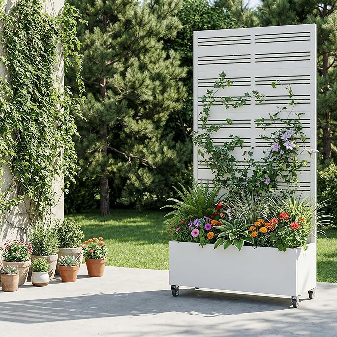 Casaphoria Metal Raised Garden Bed with Trellis and Wheels, 72"x35"x16" Planter Box for Climbing Plants, Vegetables & Vines, Features Drainage Holes and Privacy Screen, White-Harold