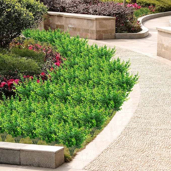 Artificial Plants Flowers Faux Boxwood Shrubs 6 Pack, Lifelike Fake Greenery Foliage with 42 Stems for Garden, Patio Yard, Wedding, Office and Farmhouse Indoor Outdoor Decor