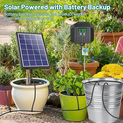Biling 4W Solar Drip Irrigation System Kit, Digital Programmable Automatic Water Timer with 2200mAh Battery, Water-Saving Garden Watering System for 15-20 Potted Plants Outdoor/Indoor
