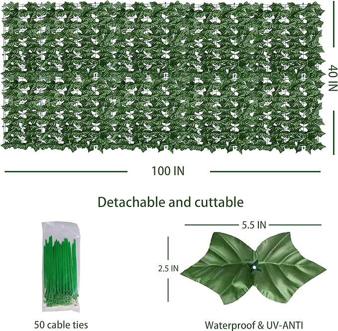 ODTORY Artificial Ivy Privacy Fence Wall Screen: 40X100 in UV-Anti Faux Greenery Backdrop Ivy Vine Leaf Hedges Fence Panels for Patio, Balcony, Garden, Backyard Indoor Outdoor Green Decor