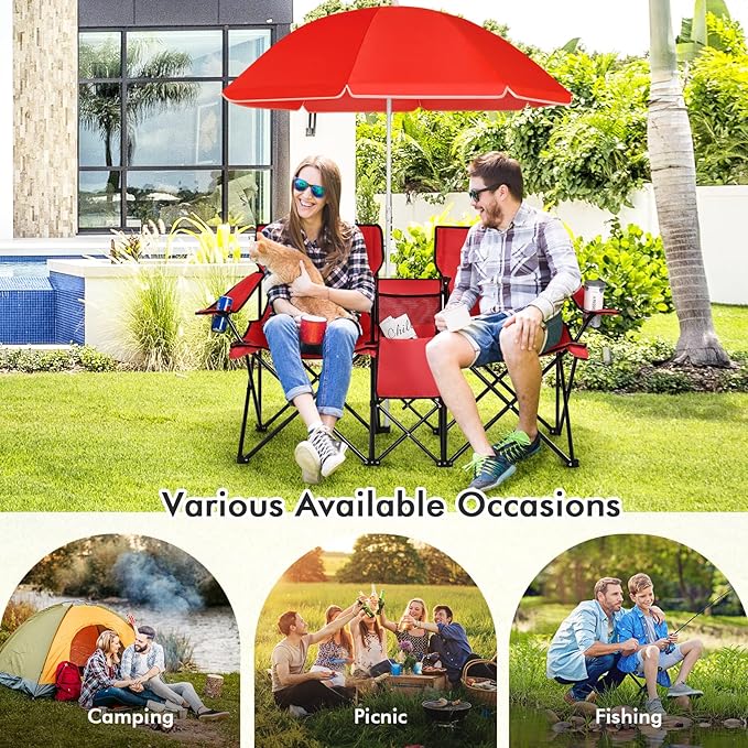 Goplus Double Camping Chair with Umbrella, Folding Loveseat Chairs w/Canopy Shade, Carrying Bag, Table, Cup Holder, Portable Beach Chairs Outdoor Picnic Patio (Red)