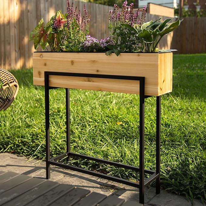 Ilyapa Raised Standing Planter with Legs, Metal and Wood Elevated Planter Box, 33"x35.5"x7", Indoor Outdoor, Perfect for Living Room, Front Porch