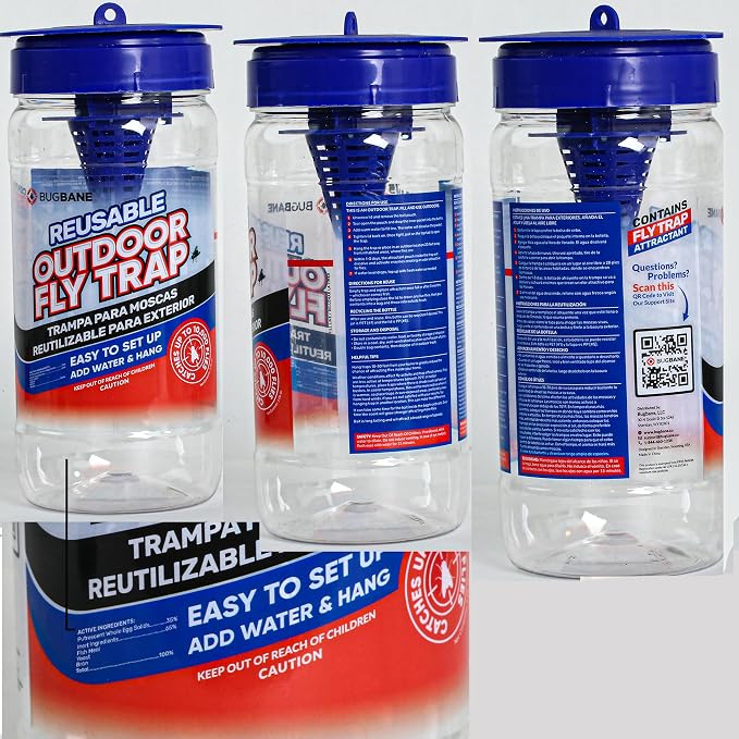 2 Fly Traps Outdoor Fly Trap for Patio with 4 Non-Toxic Dissolvable Bait Refills and 12 Sticky Ribbons. Reusable Hanging Bug Catcher Killer for All Filth Flies for Outside Bug Control Yard Ranch