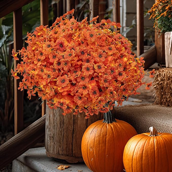 AXYLEX Artificial Fall Flowers Outdoor Fake Mums - 16 Bundles Fake Plants UV Resistant No Fade Faux Plastic Greenery Garden Porch Patio Fall Home Decor (Orangeyellow)