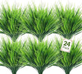 Ouddy Decor 24 Bundles Artificial Plants Outdoors Fake Wheat Grass Faux Greenery Stems Plastic Shrubs UV Resistant for Patio Garden Porch Window Box Spring Home Decor, Green