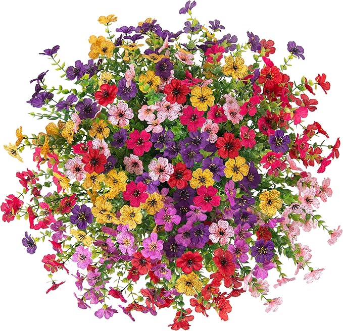 HyeFlora Artificial Faux Hanging Flowers Plants Basket for Outdoor Outside Decoration, Fake Silk Colorful Daisy in Planter for Porch Patio Garden Yard Home