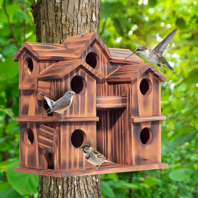 MIXUMON Wooden Bird Houses for Outside – 10 Rooms Multi-Chamber Bird House, Carbonized Pine Rustic Finish, 1.57" Entrance Holes, Individual Cleaning Doors, Decorative Outdoor Bird Nesting Box
